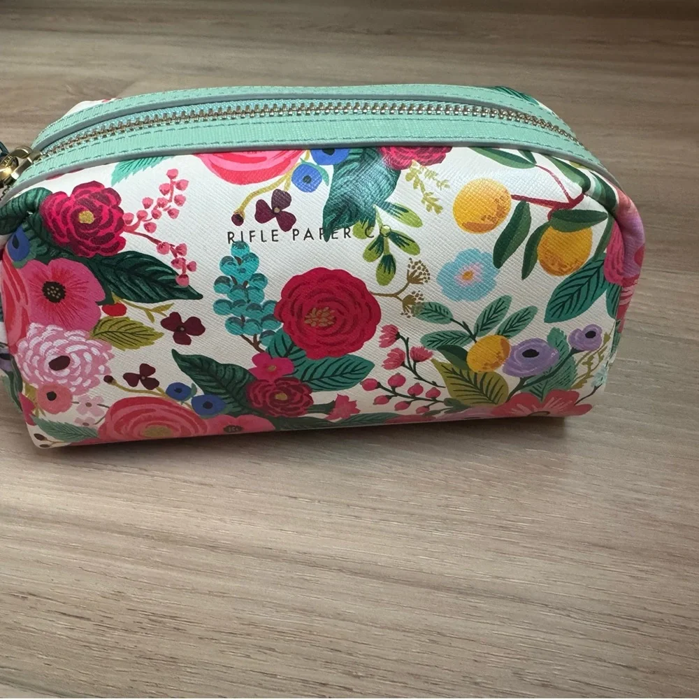 Rifle Paper Co. Floral Pouch Cosmetic Bag Pink & Green Makeup Toiletries NWT - Picture 2 of 7